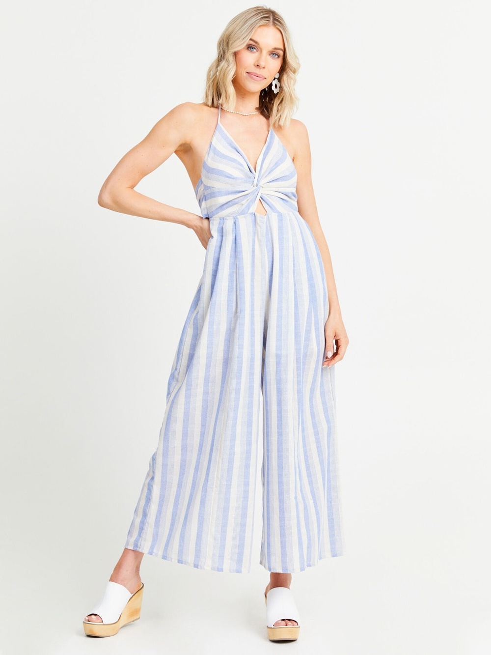 Altar'd State Blue & White Striped Halter Twist Jumpsuit